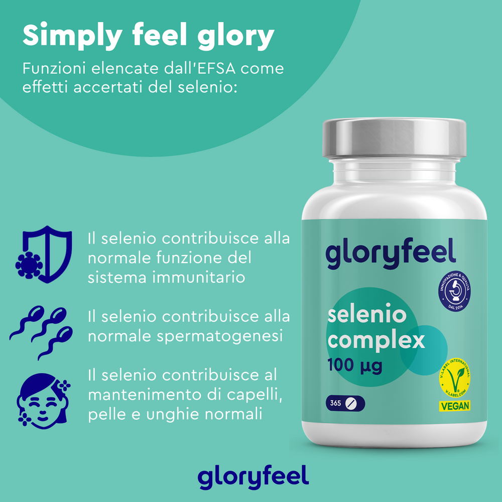 Immagine di una bottiglia &quot;Selenio Complex in compresse&quot; di GloryFeel GmbH Italia, che evidenzia i benefici del selenio per il sistema immunitario, la fertilità e la pelle. Arricchito con selenometionina, questo integratore vegano è elencato dall&