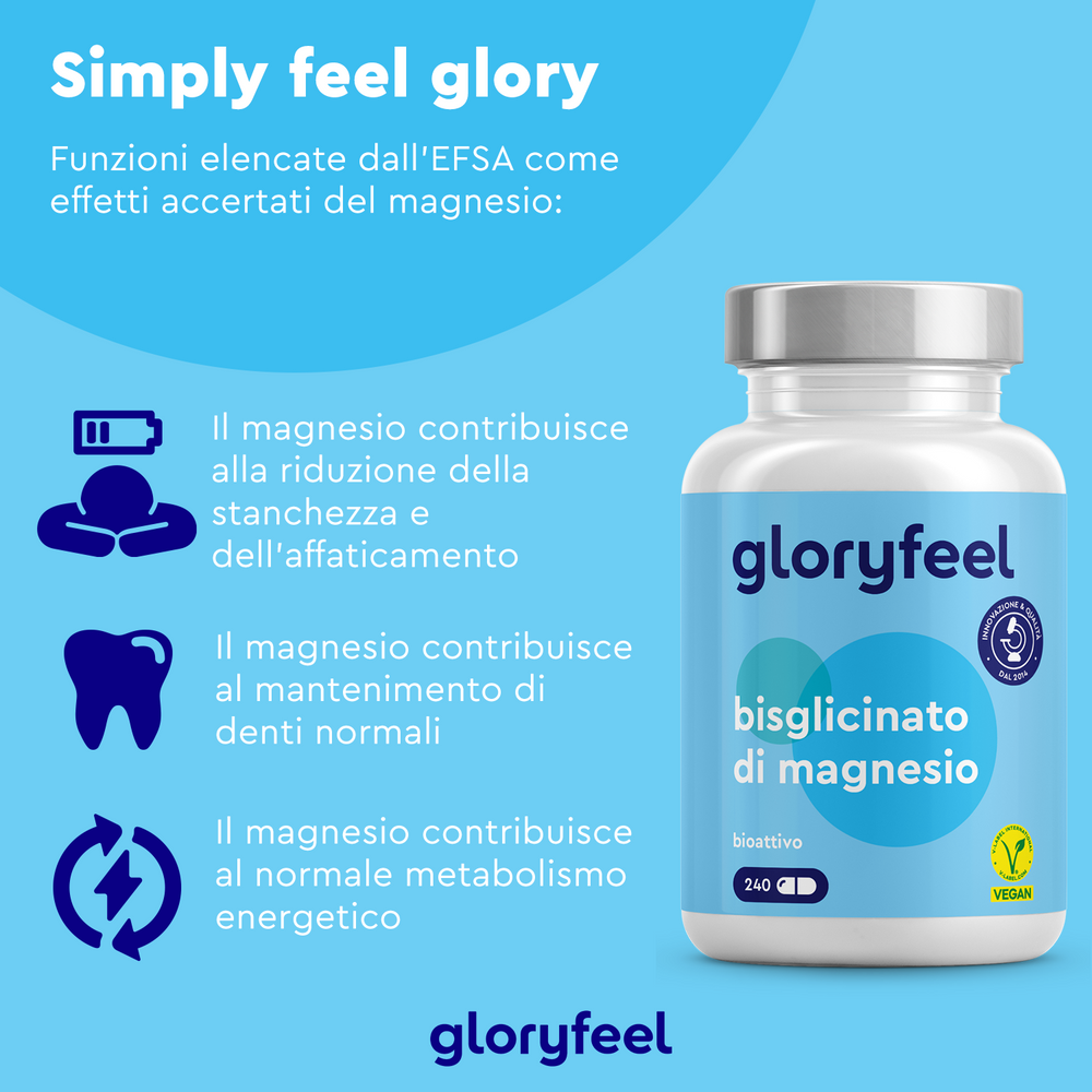 Immagine della bottiglia di integratore Bisglicinato di Magnesio di gloryfeel Italia, con benefici come la riduzione dell&