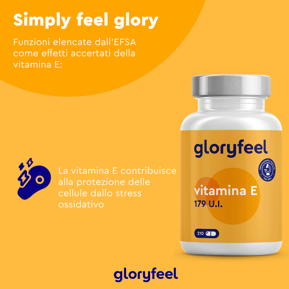 Una bottiglia di Gloryfeel Italia Vitamina E in capsule softgel, con testo in italiano sui suoi benefici nella protezione dallo stress ossidativo, su uno sfondo arancione e giallo.
