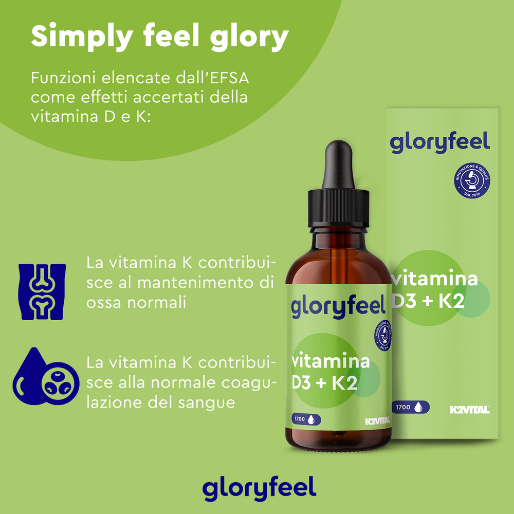 Il flacone con contagocce Vitamina D3 K2 Gocce di gloryfeel Italia è raffigurato accanto a una scatola verde. Il testo in italiano ne sottolinea i benefici per il mantenimento delle ossa e la coagulazione del sangue, rendendolo un integratore alimentare ideale per chi conduce uno stile di vita sano.