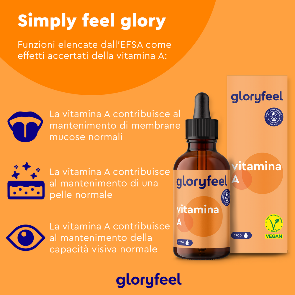 Annuncio per Vitamina A in Gocce di GloryFeel GmbH Italy, che evidenzia i vantaggi del retinolo per la salute di mucose, pelle e visione. Include logo, immagine del prodotto e certificazione vegana.