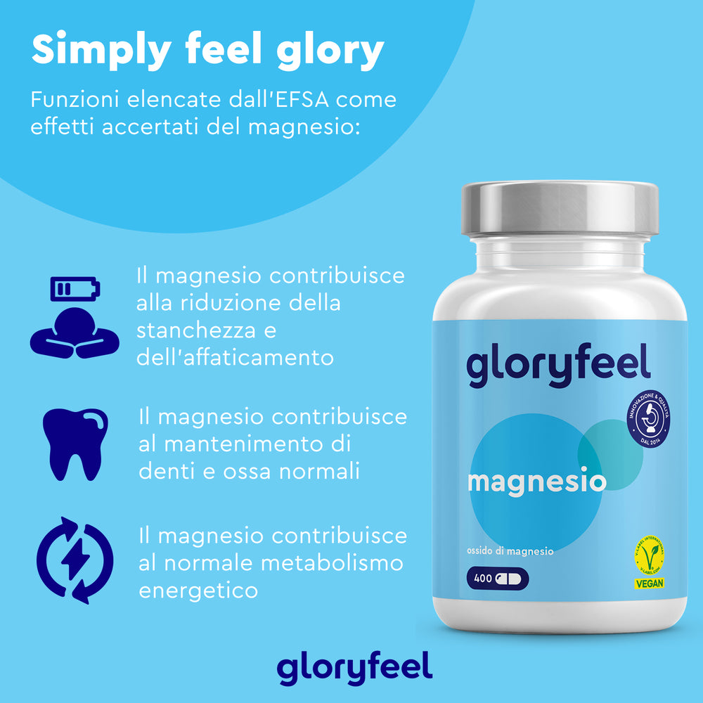 Magnesio Ossido di gloryfeel Italia: questa bottiglia di integratore di magnesio con testo in italiano evidenzia benefici come riduzione dell&