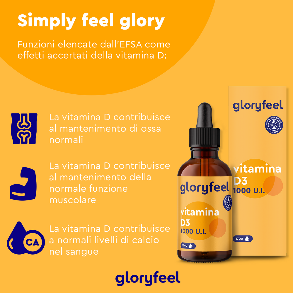 La Vitamina D3 in Gocce di gloryfeel Italia, con testo in italiano, supporta la salute delle ossa, la funzionalità muscolare e i normali livelli di calcio nel sangue. Approvato dal Ministero della Salute, questo integratore alimentare completa perfettamente una dieta equilibrata.