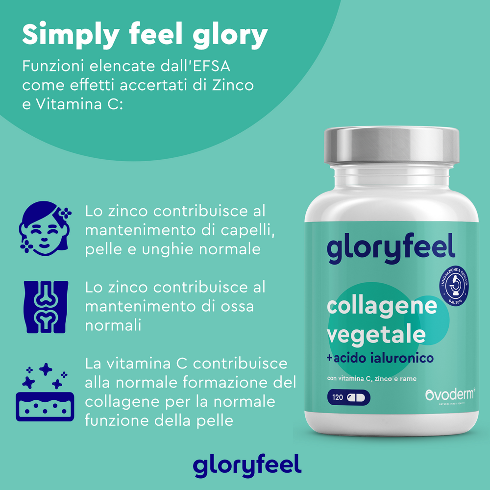 Una bottiglia di Collagene Veggie di GloryFeel GmbH Italy, un integratore di collagene con zinco e vitamina C, che apporta benefici a capelli, pelle, unghie, ossa e formazione di collagene. Presenta uno sfondo verde con loghi e dettagli del prodotto.