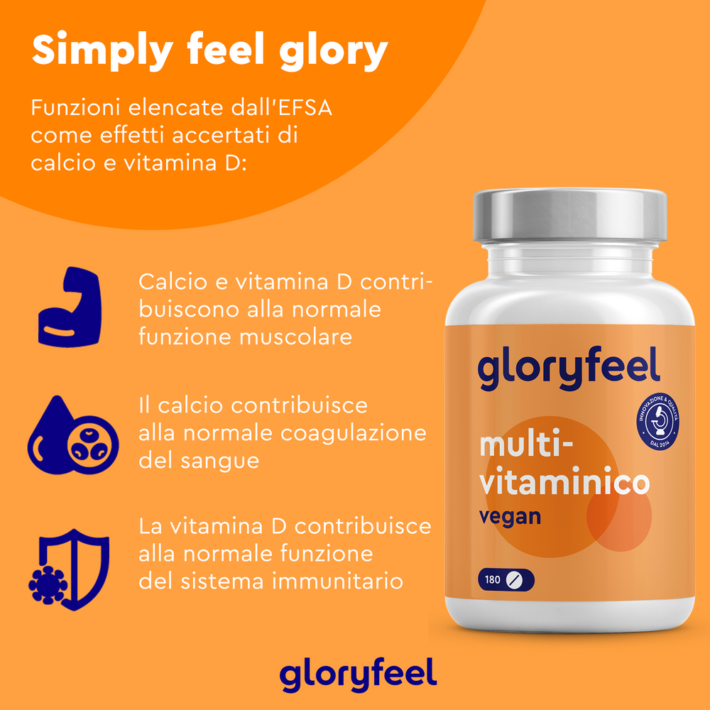 Immagine promozionale arancione e bianca per il &quot;Multivitaminico in capsule&quot; di GloryFeel GmbH Italia, che evidenzia i benefici delle vitamine naturali, del calcio e della vitamina D per i muscoli, la coagulazione del sangue e il miglioramento della funzionalità del sistema immunitario.