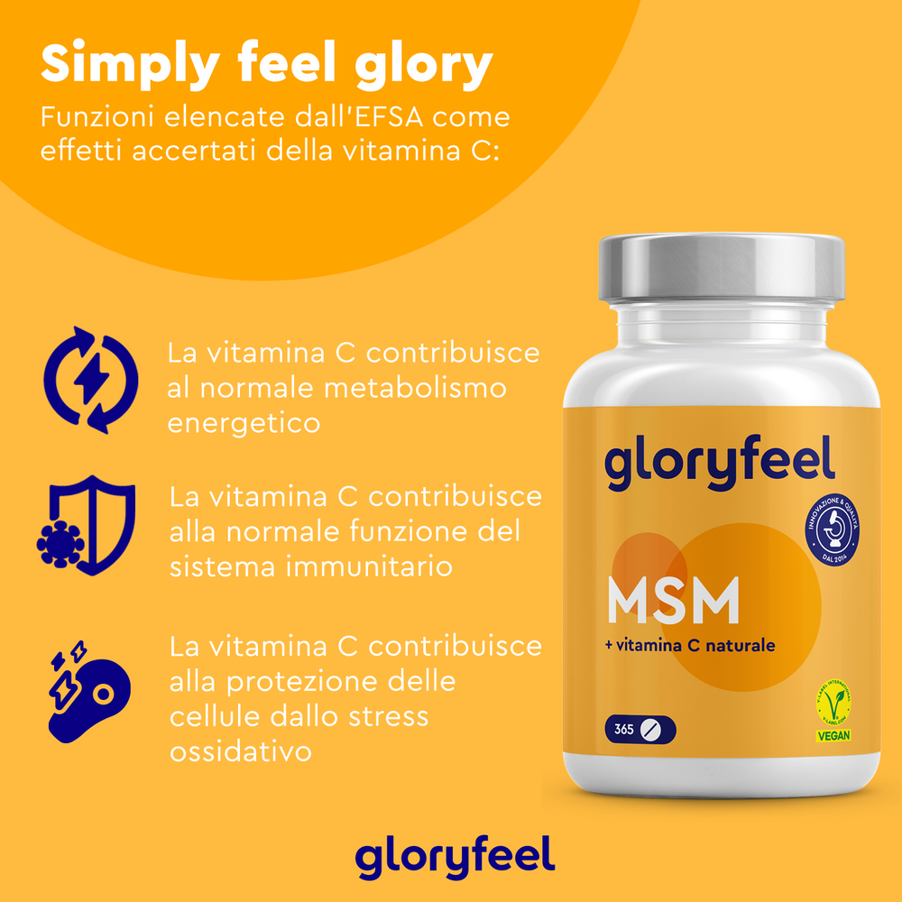 Un prodotto GloryFeel GmbH Italia, il flacone di integratore &quot;Zolfo MSM con vitamina C&quot;, evidenzia i benefici della vitamina C per l&