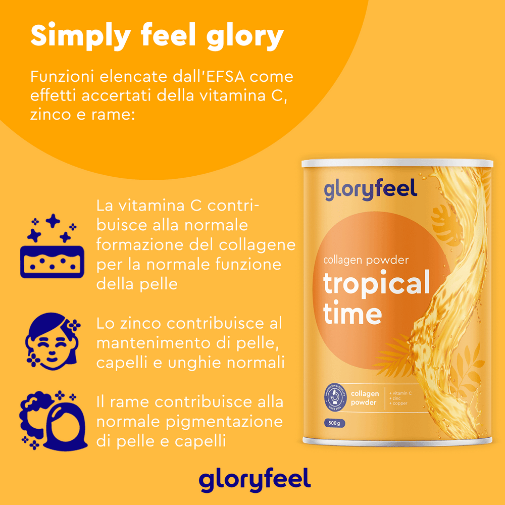 Il prodotto Collagene in polvere - Tropical Time di gloryfeel Italia è corredato da testo in italiano sui benefici della vitamina C, dello zinco e del rame.