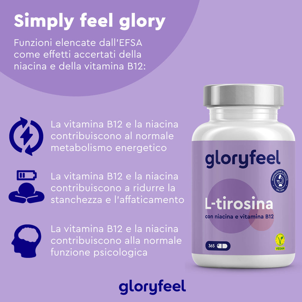 Immagine di una bottiglia di L-Tirosina di GloryFeel GmbH Italia che evidenzia i benefici della niacina e della vitamina B12 per il potenziamento del metabolismo, la riduzione dell&
