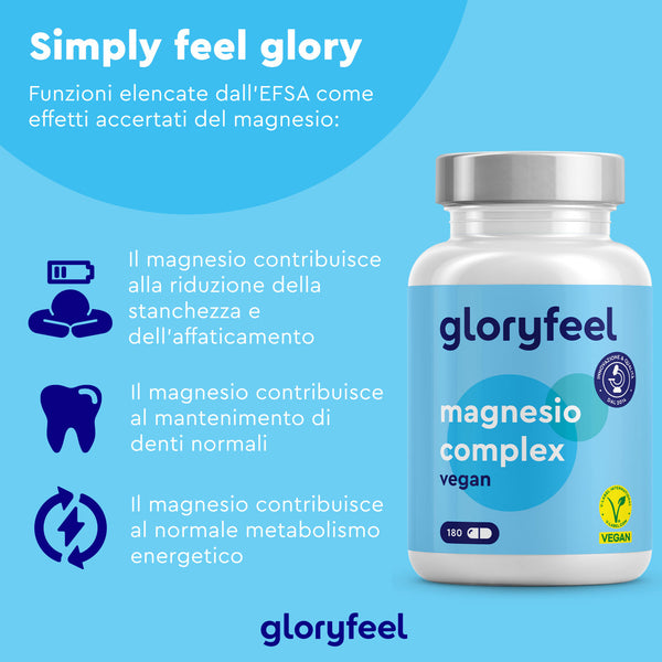 Immagine di una bottiglia di Gloryfeel Italia Magnesio Complex con benefici come la riduzione dell&