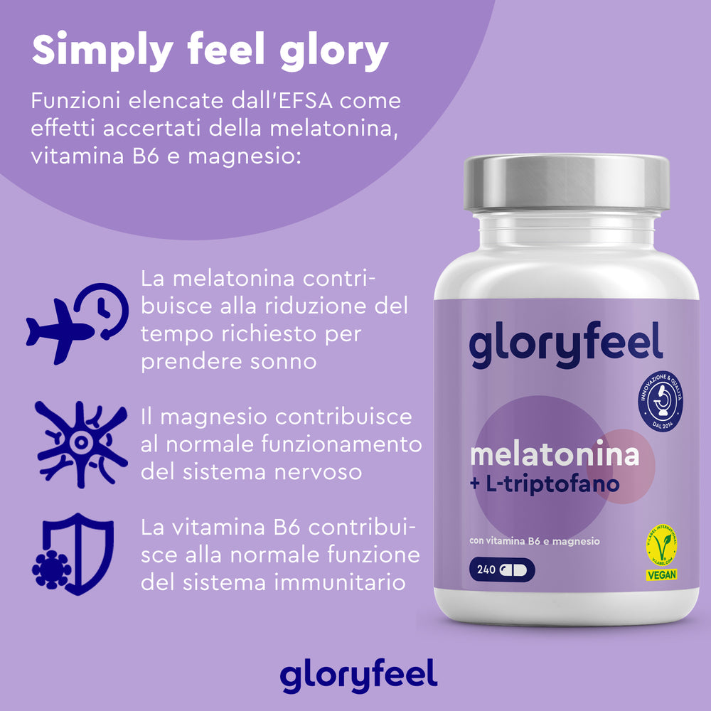 Ecco a voi Melatonina + L-triptofano di GloryFeel GmbH Italy, un integratore di melatonina con magnesio e vitamina B6. Godetevi un sonno migliore, un sistema immunitario più forte e un sistema nervoso calmo con questa formula sapientemente realizzata. Confezione progettata per il vostro percorso di benessere.