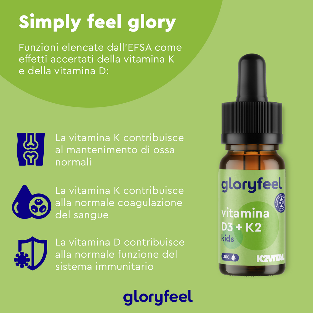 Scopri i vantaggi di Vitamina D3 K2 Gocce Kids di gloryfeel Italia! Presentato con un design verde brillante, questo flacone contagocce supporta il sistema immunitario del tuo bambino. Ricco di elementi essenziali come vitamina D3 e K2, assicura il benessere del tuo bambino in ogni goccia!.