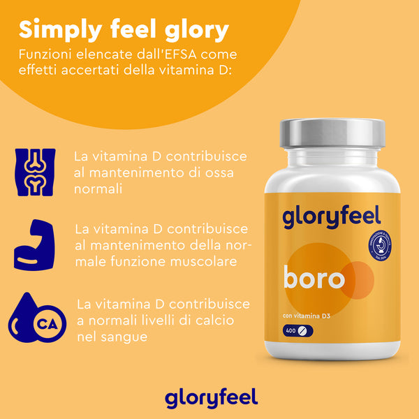 Flacone di integratori vitaminici GloryFeel GmbH Italy Boro con testo in italiano sui benefici della vitamina D3 per ossa, funzionalità muscolare e livelli di calcio. Questo integratore vegetariano supporta uno stile di vita più sano.