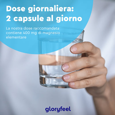 Una mano regge un bicchiere d'acqua accanto alle istruzioni per il dosaggio di gloryfeel Italia Magnesio Complex, che raccomanda 2 capsule al giorno con 400 mg di magnesio elementare ciascuna, ideali per la vostra routine di integrazione.