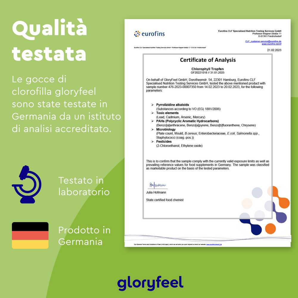 Il Certificato di Analisi di un laboratorio tedesco accreditato evidenzia la qualità della nostra Clorofilla in gocce di GloryFeel GmbH Italia.