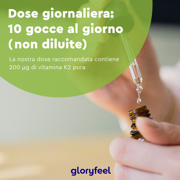 Mano che tiene un flacone contagocce che eroga liquido. Testo: Dose giornaliera: 10 gocce (non diluite). Vitamina K2 Gocce contiene 200 µg di vitamina K2 pura. Logo gloryfeel Italia in basso. Nota: i risultati possono variare a seconda dell&