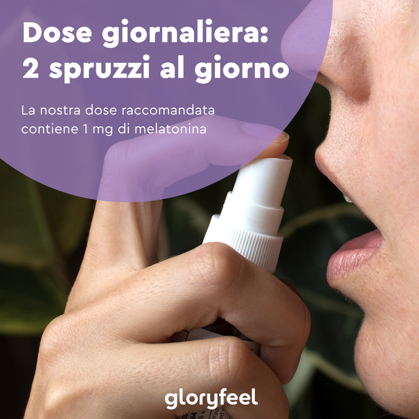 Una persona che utilizza Melatonina Spray con Aroma di Frutti di Bosco di GloryFeel GmbH Italia vicino alla bocca. Il testo recita: &quot;Dose giornaliera: 2 spruzzi al giorno. La nostra dose raccomandata contiene 1 mg di melatonina.