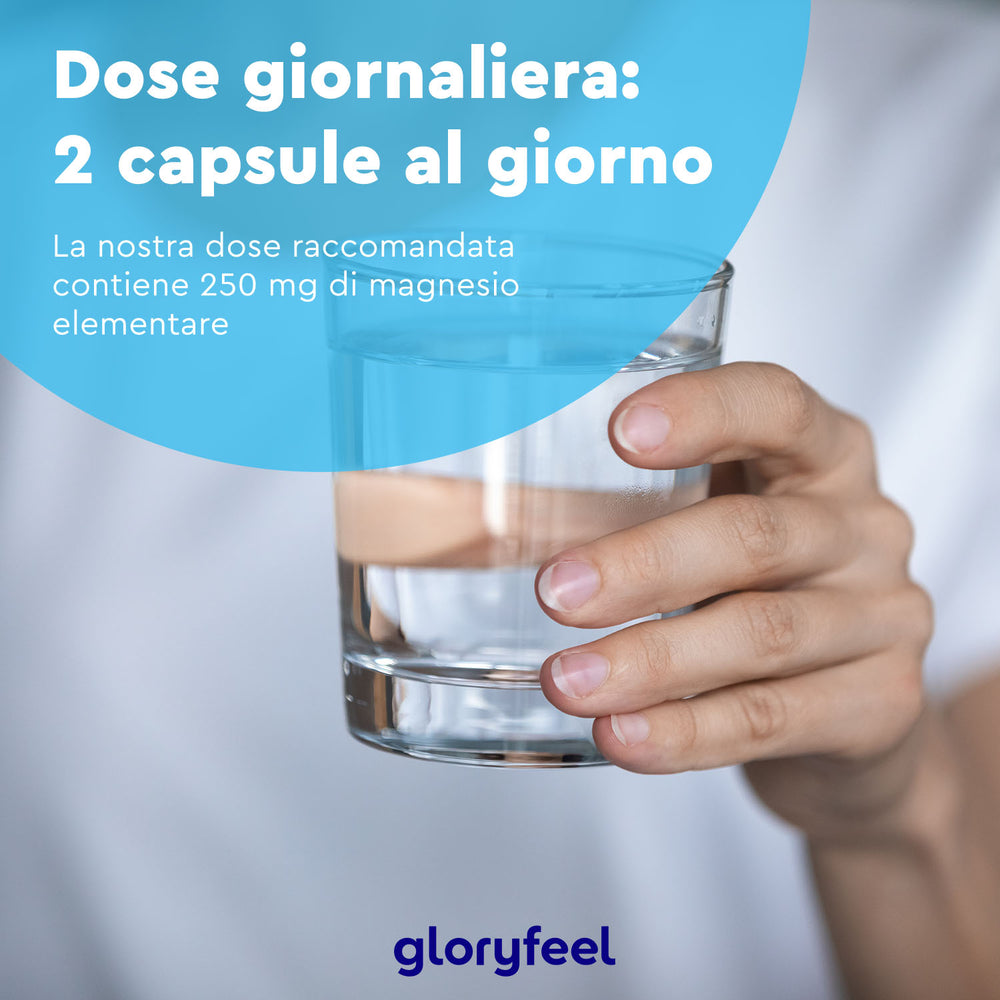 Una mano tiene un bicchiere trasparente con testo in italiano che raccomanda una dose giornaliera di due capsule da 250 mg di magnesio elementare di Magnesio Complex di gloryfeel Italia, che promuove la salute. L&