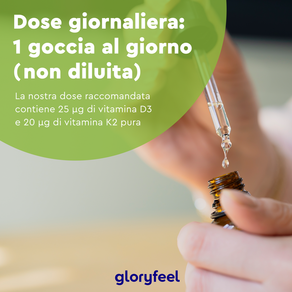 Primo piano di una mano con un contagocce sopra una boccetta che mostra la dose giornaliera di 1 goccia, contenente vitamina D3 e K2. Il marchio &quot;gloryfeel Italia&quot; offre Vitamina D3 K2 Gocce come integratore alimentare per chi cerca uno stile di vita sano.