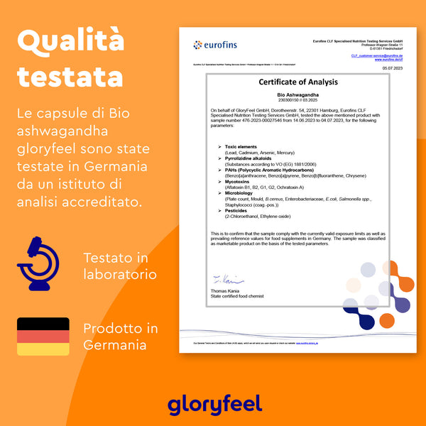 Un certificato di analisi italiano di Eurofins presenta Bio Ashwagandha di GloryFeel GmbH con icone per i test di laboratorio, la produzione tedesca e i benefici della Withania somnifera come potente integratore adattogeno.