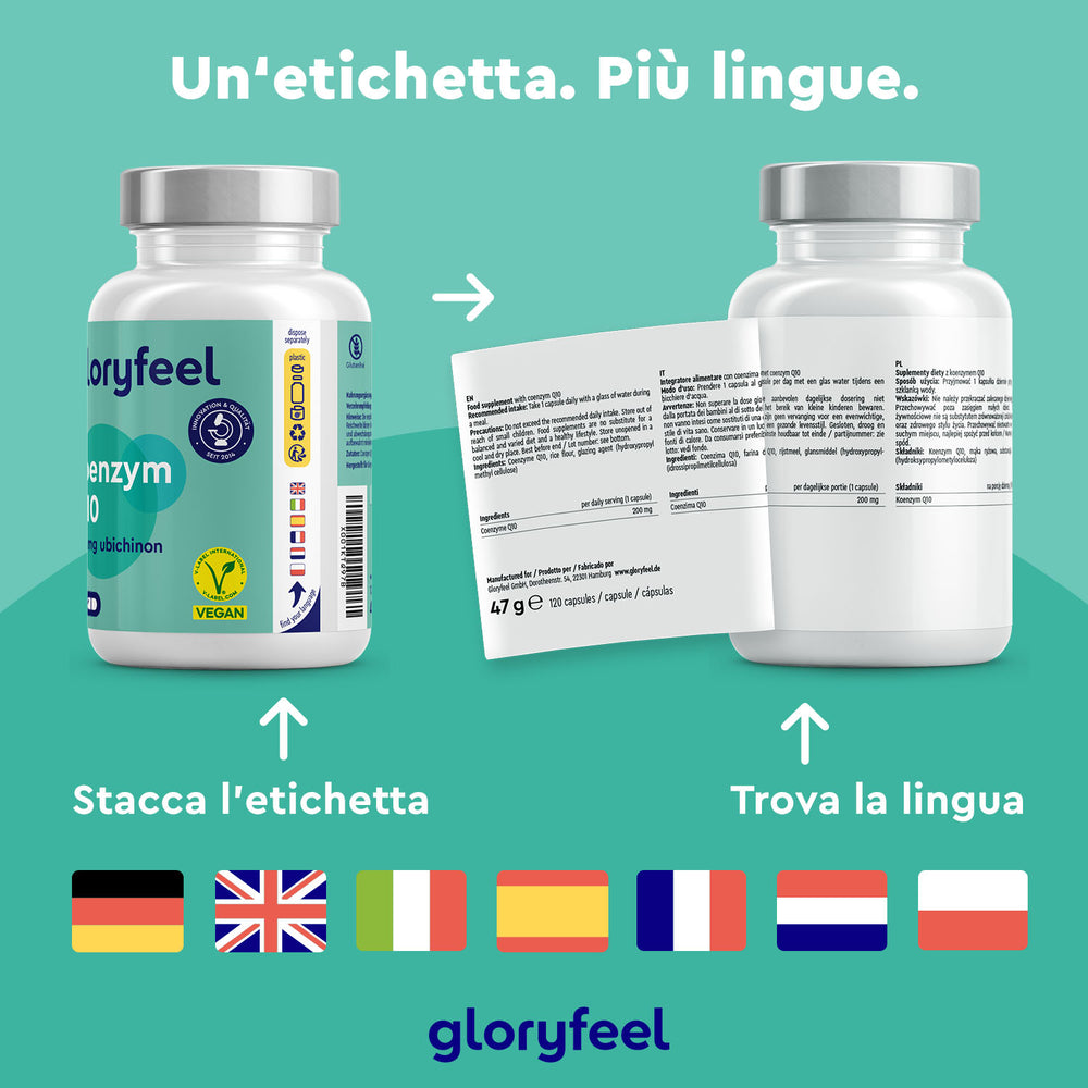 Due bottiglie di Coenzima Q10 di GloryFeel GmbH Italy su uno sfondo verde acqua mostrano le istruzioni sull&