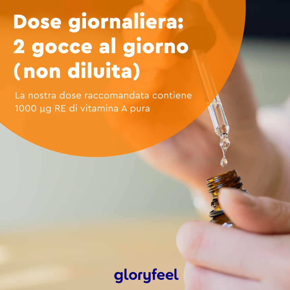 Mani che tengono un flacone contagocce mentre viene erogato il liquido. Il testo recita: &quot;Dose giornaliera: 2 gocce al giorno (non diluita), 1000 μg RE di vitamina A pura per una visione ottimale.&quot; Prodotto: Vitamina A in Gocce di GloryFeel GmbH Italia.