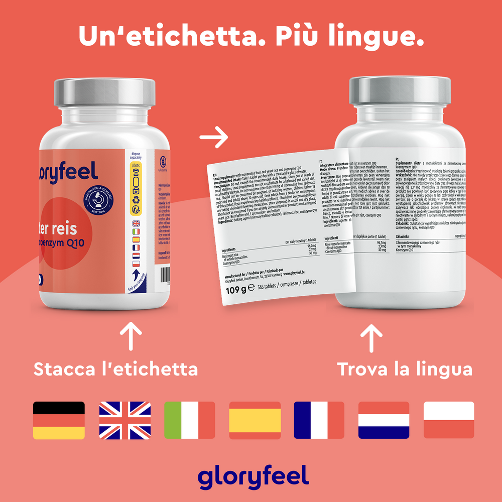 Due bottiglie di integratori &quot;Riso rosso fermentato&quot; con etichette staccabili multilingua presentano bandierine linguistiche in basso per le istruzioni. Il nome del marchio, &quot;GloryFeel GmbH Italy&quot;, è visualizzato in basso al centro.