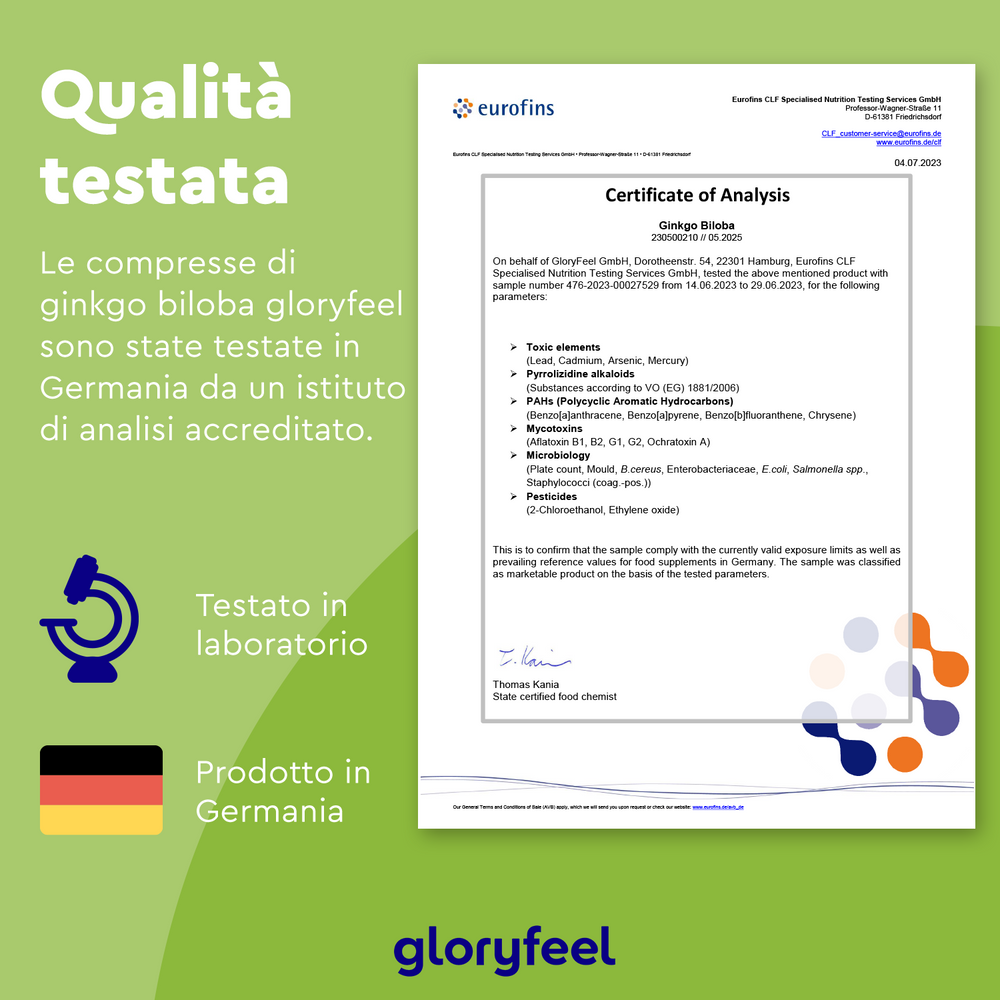 Certificato di analisi per il Ginkgo Biloba di GloryFeel GmbH Italy, datato 04.07.2023 da Eurofins. Testato in Germania con garanzia di laboratorio, con la dicitura &quot;Prodotto in Germania&quot;. Perfetto per aumentare memoria e concentrazione.