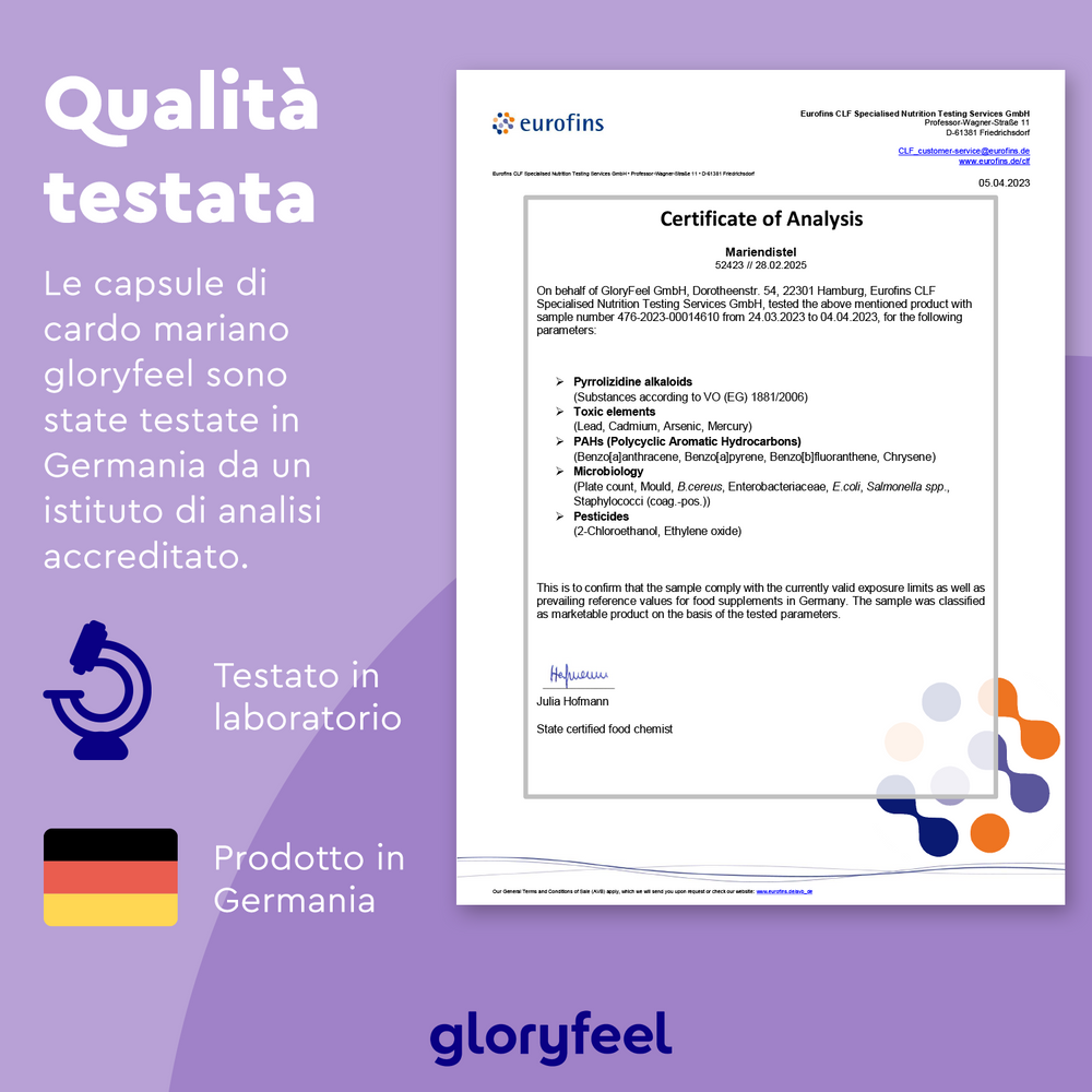 Lo spot italiano mette in evidenza il Certificato di analisi delle capsule Cardo Mariano di GloryFeel GmbH Italia, testate in laboratorio e prodotte in Germania, sottolineando la purezza e la garanzia di qualità per un supporto ottimale al fegato.