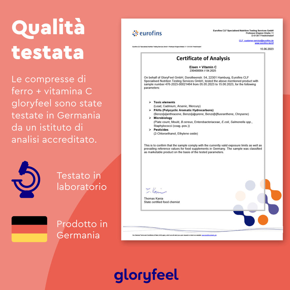 Uno sfondo arancione mostra il certificato di analisi di Eurofins con testo in italiano sui test di laboratorio per Ferro con Vitamina C. Il logo GloryFeel GmbH Italia appare in basso, a garanzia della qualità e dell&