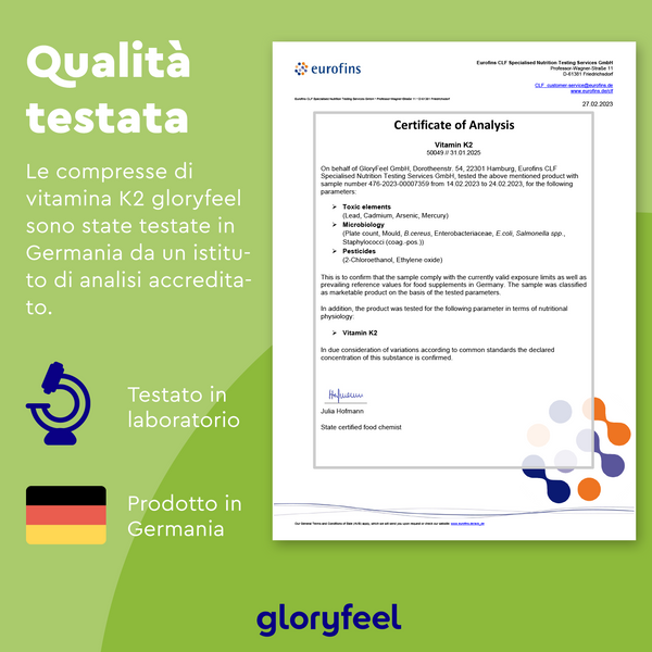 Certificato di analisi per Vitamina K2 di gloryfeel Italia. Include informazioni dettagliate sui test di laboratorio in tedesco, recapiti e grafici verdi/viola che evidenziano l&