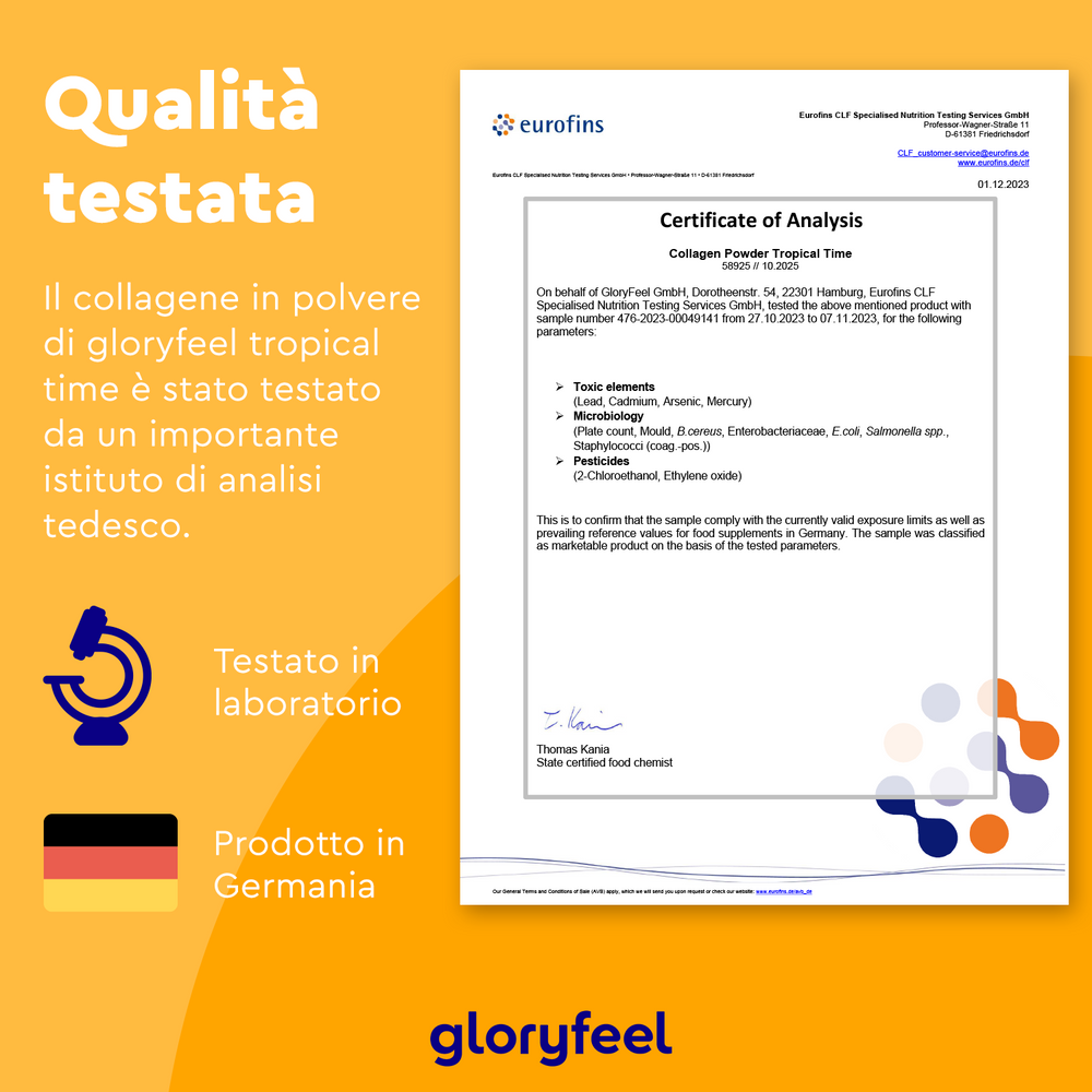 Il certificato di analisi per &quot;Collagene in polvere - Tropical Time&quot; di gloryfeel Italia riporta l&