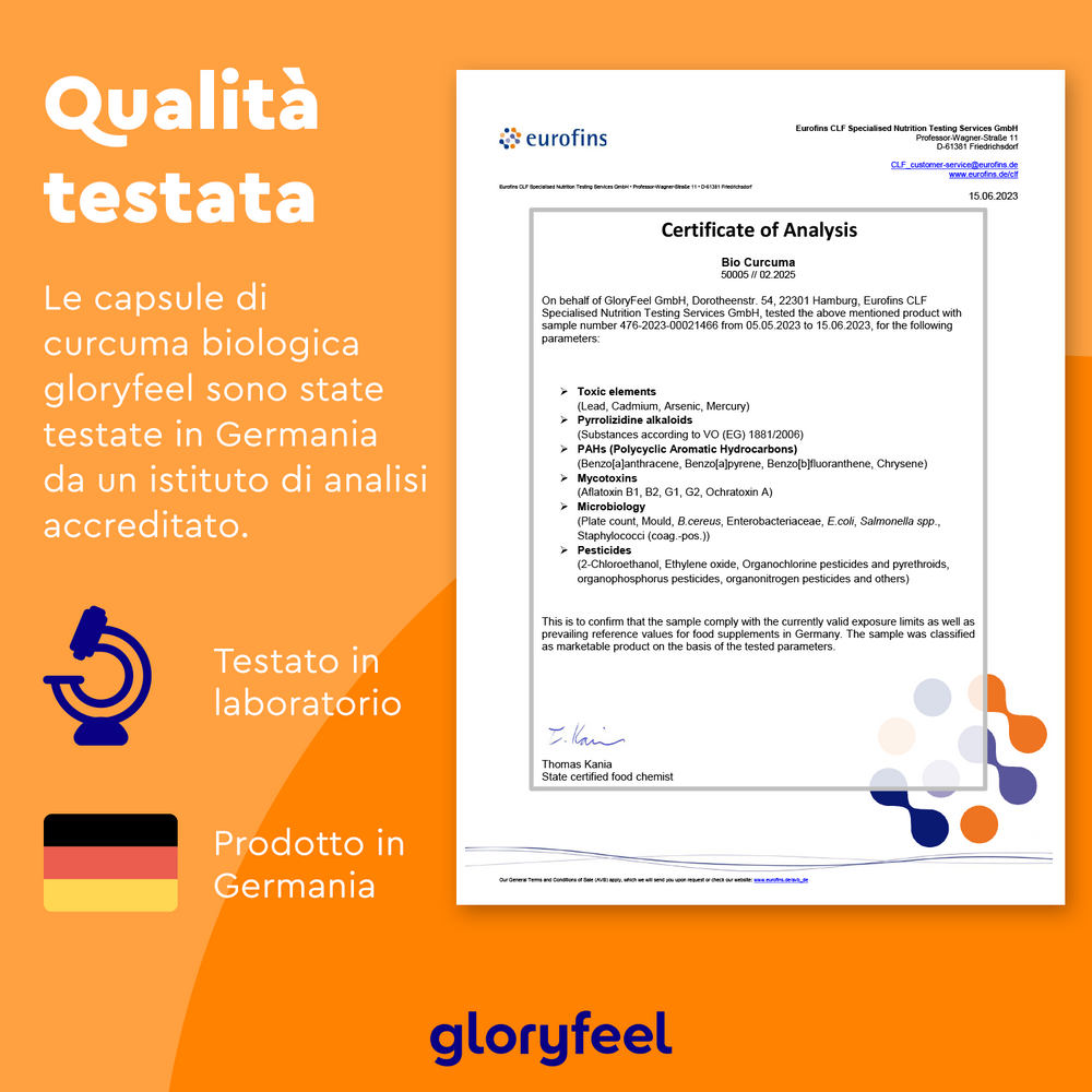 Il Certificato di analisi per Bio Curcuma, presentato con un bordo blu e il logo Eurofins, descrive i test del prodotto. Include testo italiano sui metodi di test tedeschi per estratto di curcuma di GloryFeel GmbH Italia e presenta un&
