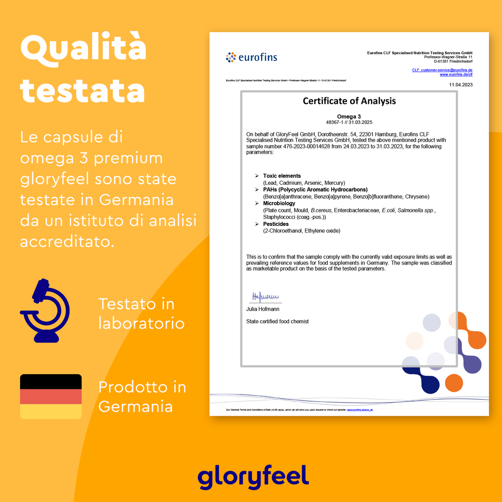 Il Certificato di analisi contiene testo in italiano e inglese per Omega 3 Premium in capsule, con i risultati dei test DHA ed EPA. Include una grafica con bandiera tedesca e il logo GloryFeel GmbH Italia.