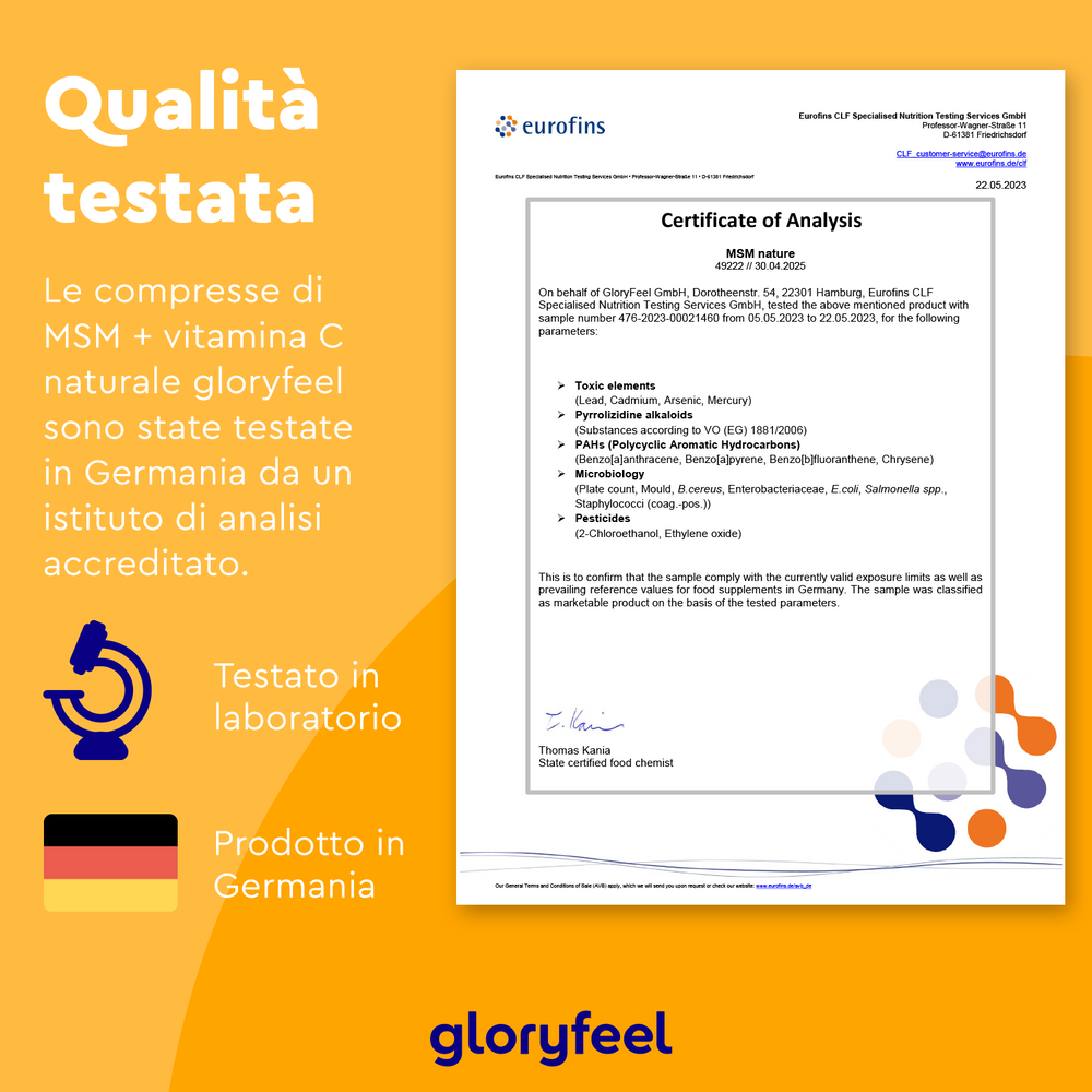 Il Certificato di Analisi con il logo Eurofins conferma che &quot;Zolfo MSM con vitamina C&quot; di GloryFeel GmbH Italia, testato in Germania, ha superato tutti gli standard di laboratorio.