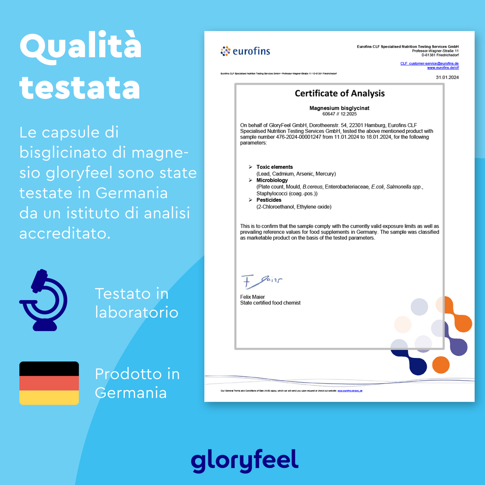 Certificato di analisi intitolato &quot;Bisglicinato di magnesio&quot; di eurofins in tedesco, con testo in italiano che descrive in dettaglio i test e la produzione delle capsule da parte di gloryfeel Italia.