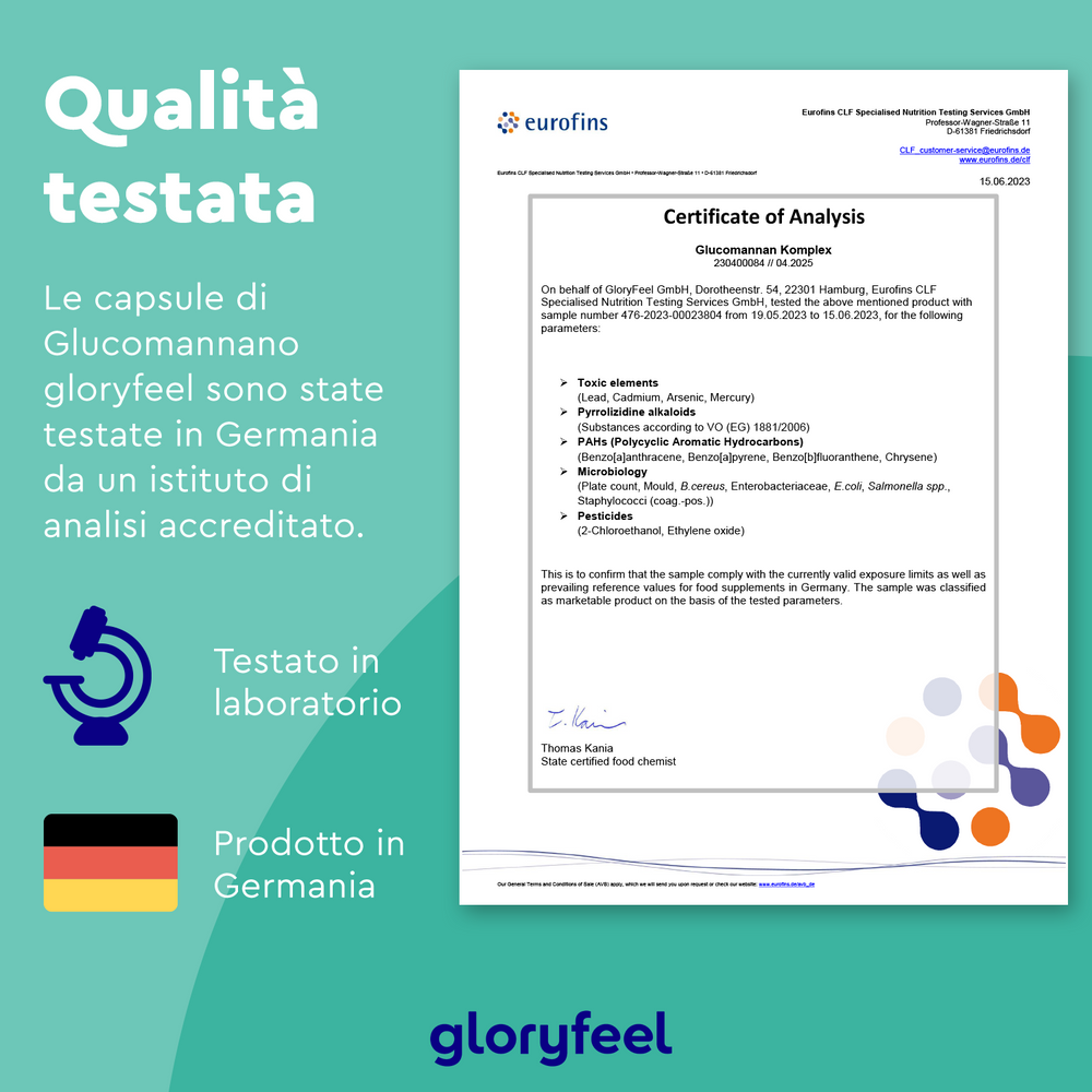 Viene visualizzato un certificato di analisi con grafici e testo che illustrano nel dettaglio i test effettuati in Germania sulle capsule di Glucomannano arricchite con vitamina B3, da GloryFeel GmbH Italia.