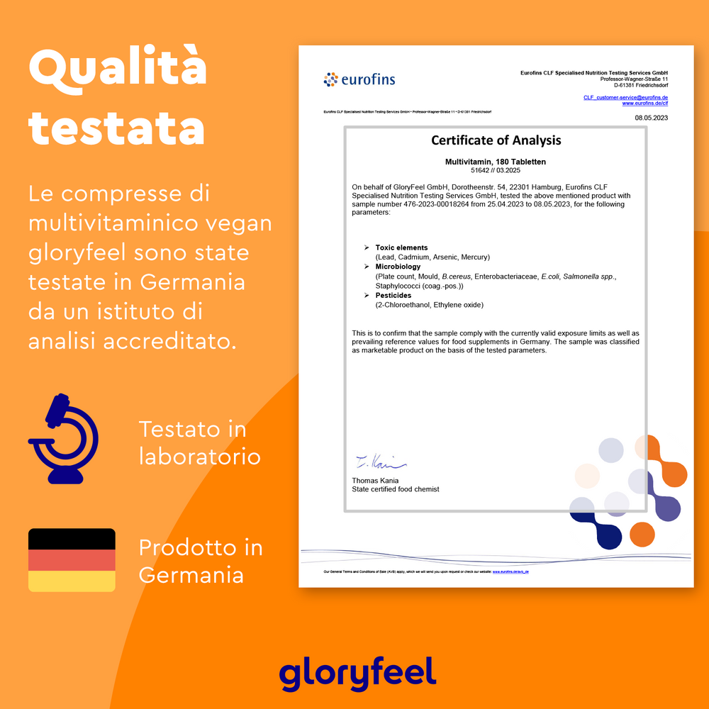 Certificato di analisi per il Multivitaminico in capsule di GloryFeel GmbH Italia, visualizzato con testo in italiano e icone di test di laboratorio, che ne evidenziano l&