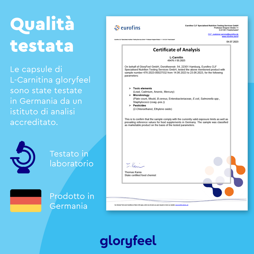 Il Certificato di Analisi per L-Carnitina di GloryFeel GmbH Italia, con Carnipure, è stato preparato meticolosamente in un laboratorio tedesco. Descrive i risultati dei test per gli elementi tossici e lo stato microbiologico, assicurando una qualità superiore nel supportare il metabolismo energetico. Testato e prodotto con orgoglio in Germania.