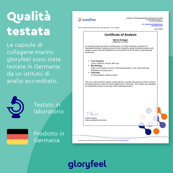 Un certificato di analisi tedesco di Eurofins, con testo in italiano, descrive le capsule di collagene marino di GloryFeel GmbH Italy testate in Germania. I loghi e un segno di spunta accentuano la qualità di &quot;Collagene Marino&quot; come integratore collagene.
