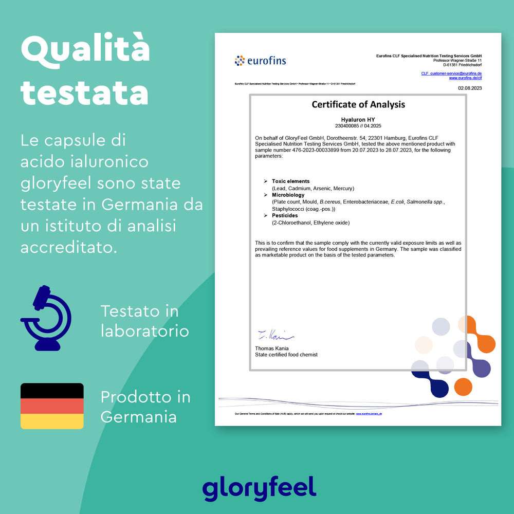 Un certificato di analisi di Eurofins, visualizzato accanto al testo in italiano, evidenzia i test di qualità di Acido ialuronico in capsule di GloryFeel GmbH Italy in Germania. Include loghi e informazioni di contatto.