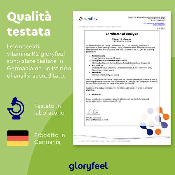 Certificato di analisi per Vitamina K2 Gocce di Eurofins, con dettagli del test. Presenta icone di laboratorio e di origine tedesca, su sfondo verde con testo in italiano. Microbiologicamente testato da gloryfeel Italia per garantire gli standard di qualità in questo integratore alimentare.