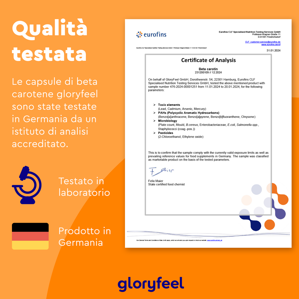 Il Certificato di analisi Eurofins è visualizzato su uno sfondo arancione con testo in italiano per le capsule di beta-carotene di GloryFeel GmbH Italy, testate in Germania. La scena include la bandiera tedesca e le icone di laboratorio.