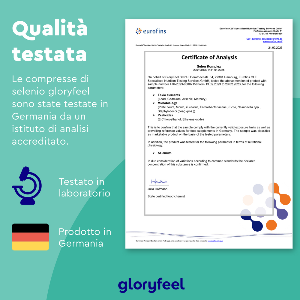 Certificato di analisi per Selenio Complex in compresse di GloryFeel GmbH Italia, contenente selenometionina. Testato in Germania da Eurofins per garantire rigorosi standard di qualità e tedeschi, inclusi dettagli di laboratorio e origine del prodotto.