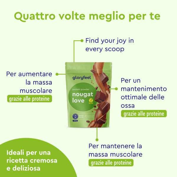 Busta verde di gloryfeel Italia Proteine in polvere Nougat Love su sfondo verde, con testo in italiano e inglese che evidenzia i benefici come l&