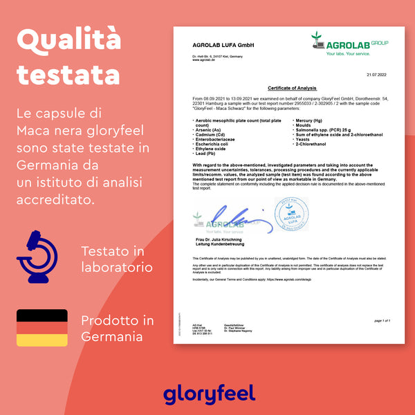 Il Certificato di analisi per le capsule di Maca Nera Peruviana, testato in un laboratorio tedesco, presenta testo in italiano su test e produzione per garantire la qualità. Il marchio GloryFeel GmbH Italia è in evidenza con un logo e una firma visibili. Condividi questa garanzia con la tua comunità incentrata sulla salute.