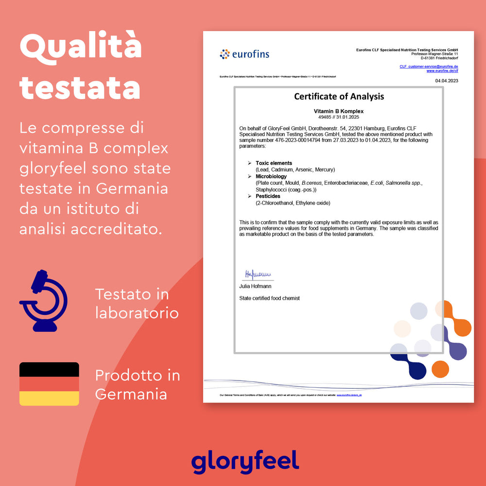 Certificato di analisi per Vitamina B Complex di GloryFeel GmbH Italia, che mostra test di laboratorio in Germania da parte di un istituto accreditato. Perfetto come integratore alimentare, supporta una dieta equilibrata ed è conforme agli standard del Ministero della Salute.