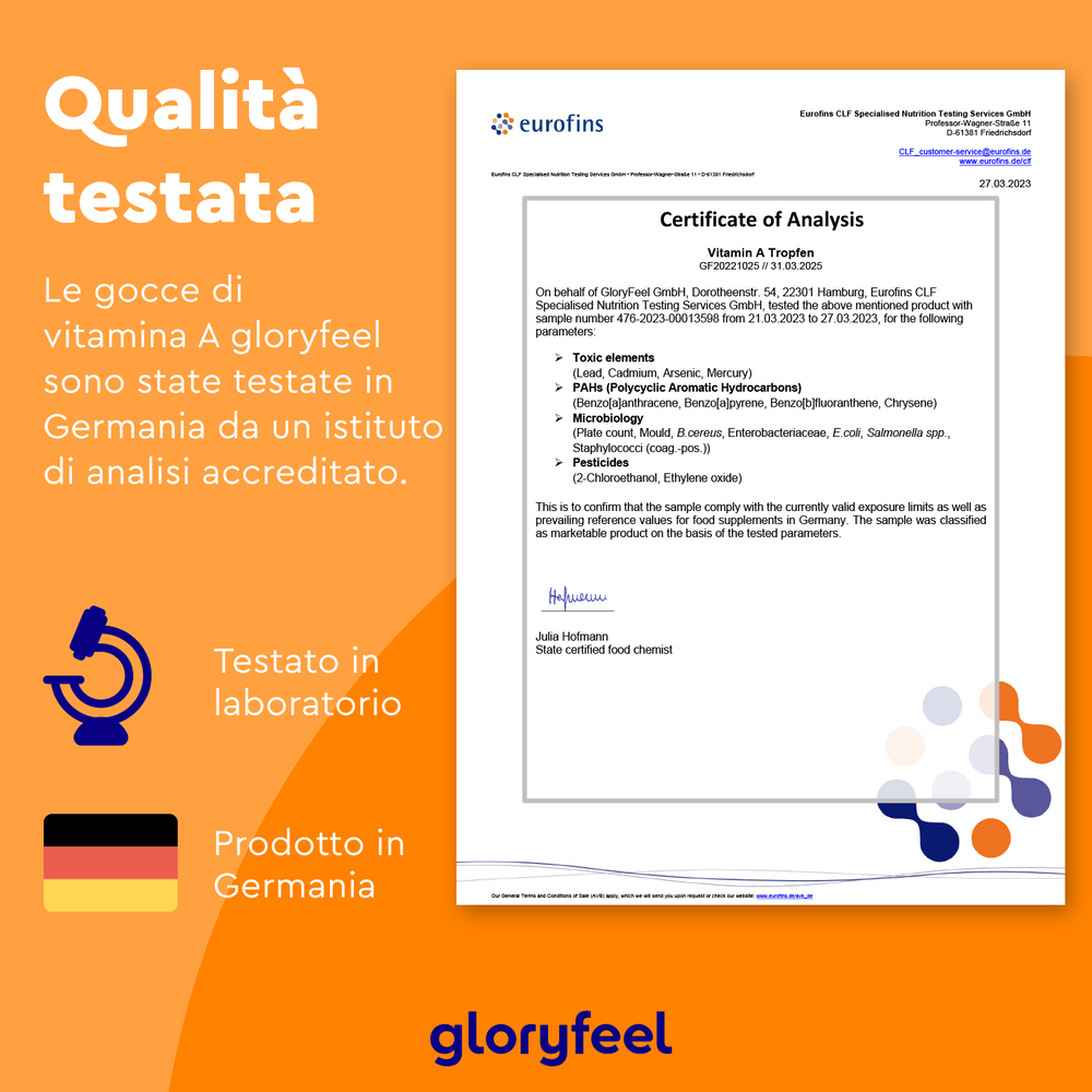 Certificato di analisi per Vitamina A in Gocce di GloryFeel GmbH Italia, testato in Germania. Include dettagli di laboratorio e di prodotto, evidenziando il ruolo del retinolo nella vista. Icona della bandiera tedesca inclusa.