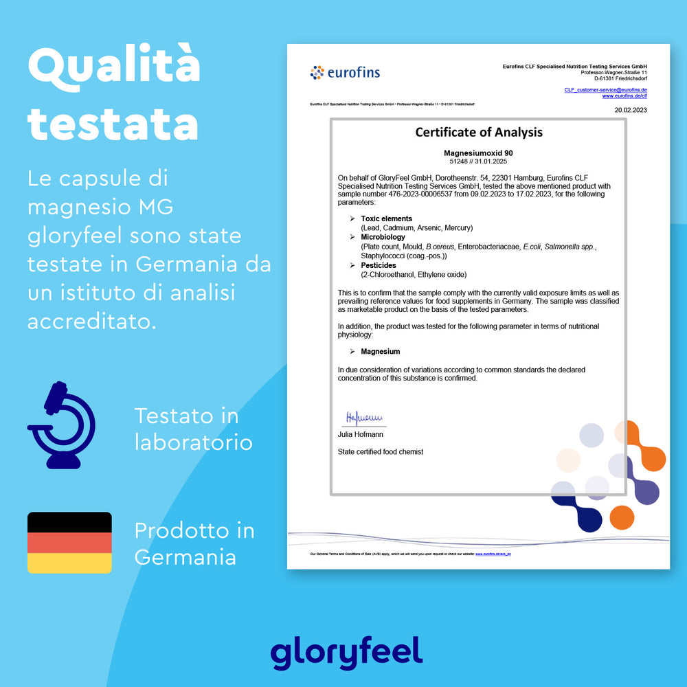 Il Certificato di analisi Eurofins per le capsule di Magnesio Ossido 90 evidenzia i test effettuati in Germania, con sigilli di laboratorio e marchi di origine, con il marchio &quot;gloryfeel Italia&quot; per questo integratore alimentare di alta qualità.