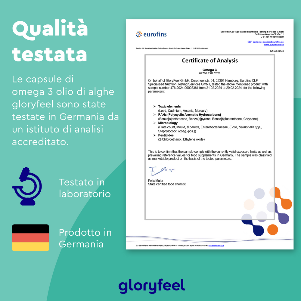 Il Certificato di analisi per Omega 3 Vegan - Olio di alghe di Eurofins mostra test di laboratorio approfonditi in Germania. L&