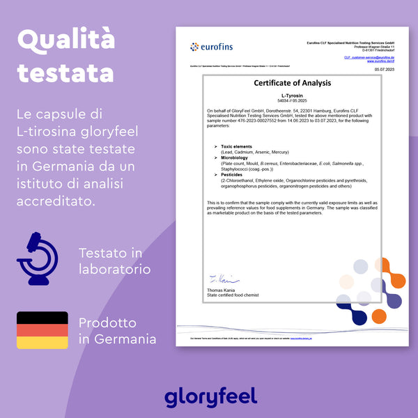 Certificato di analisi in tedesco per le capsule di L-Tirosina di GloryFeel GmbH Italia, che conferma i test di laboratorio e l&